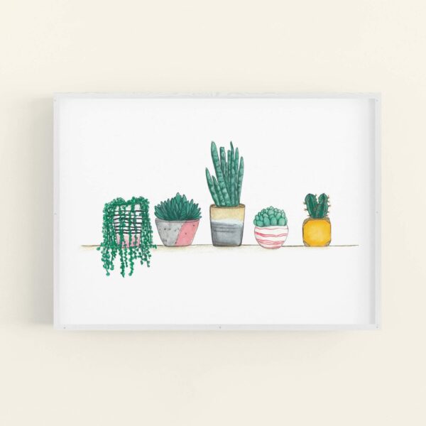 Framed print of cute house plants and succulents lined up on a shelf - white frame