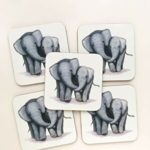 Stack of coasters with illustrated design of 2 cute elephants
