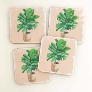 Stack of illustrated house plant coasters in fiddle leaf fig designs