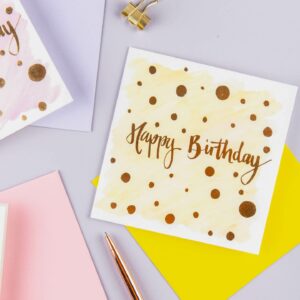 Colourful happy birthday card designs with simple polka dot design and gold foil detail
