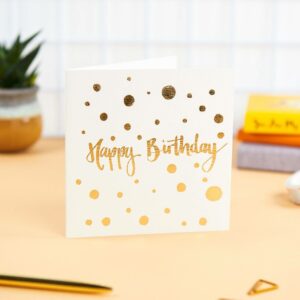 Minimal gold Happy birthday card designs with polka dot design and gold foil detail