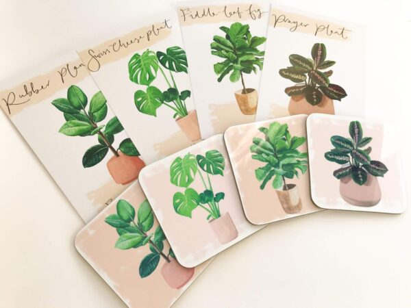 matching illustrated house plant selection of gifts, including postcards and coasters