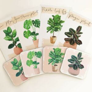 matching illustrated house plant selection of gifts, including postcards and coasters