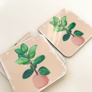 Stack of house plant coasters with rubber plant illustration design