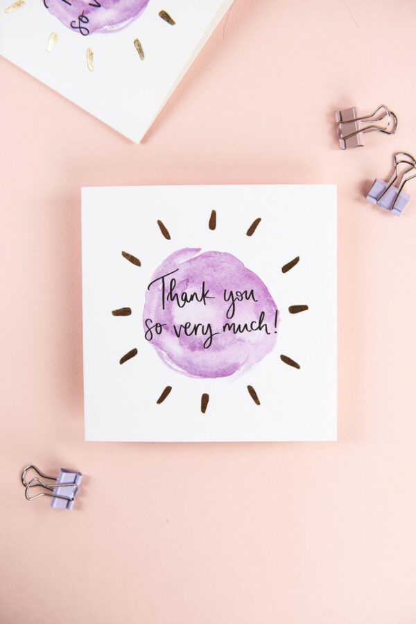 'Thank you so much' card with simple purple design and gold foil detail