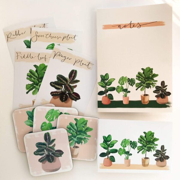 matching illustrated house plant selection of gifts, including notebook, postcards and coasters