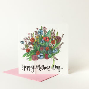 Card reads 'Happy Mother's Day' with colourful floral bouquet illustration