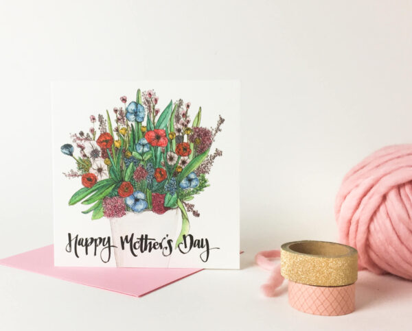 Card reads 'Happy Mother's Day' with colourful floral bouquet illustration