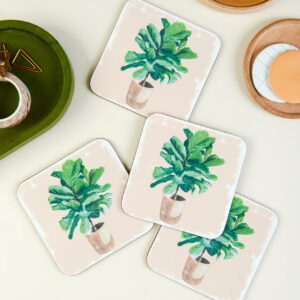 4 house plant coasters with fiddle leaf fig illustration design