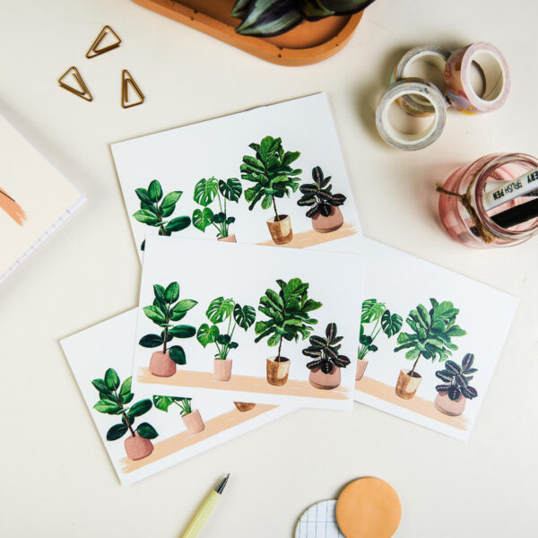 set of illustrated house plants postcards and matching notebook