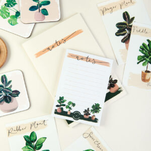 selection of illustrated house plant gifts including notepad, notebook, postcards and coasters