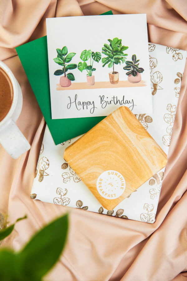 house plants birthday card with gift wrapped presents