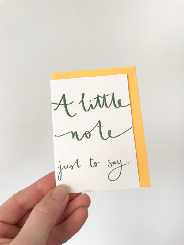 a little note to say mini notecard, in white with dark green text