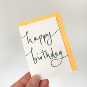 happy birthday mini notecard, in white with dark green text