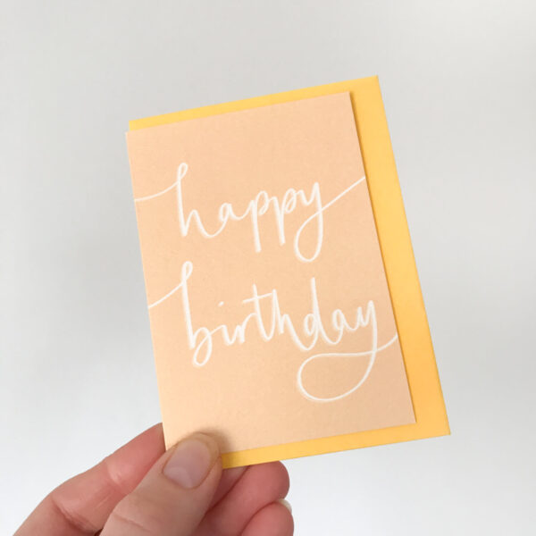 happy birthday notecard, in yellow with white text