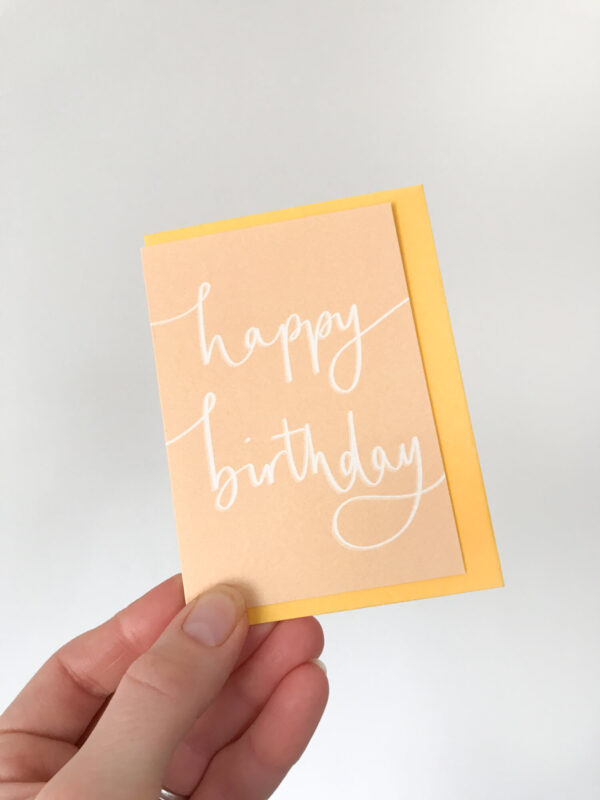 happy birthday notecard, in yellow with white text