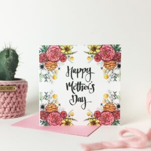 Floral Happy Mothers Day card, in bold pinks, oranges and yellows
