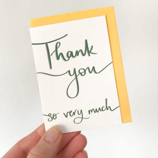 thank you mini notecard, in white with dark green text
