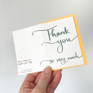 thank you so much mini notecard, in white with dark green text