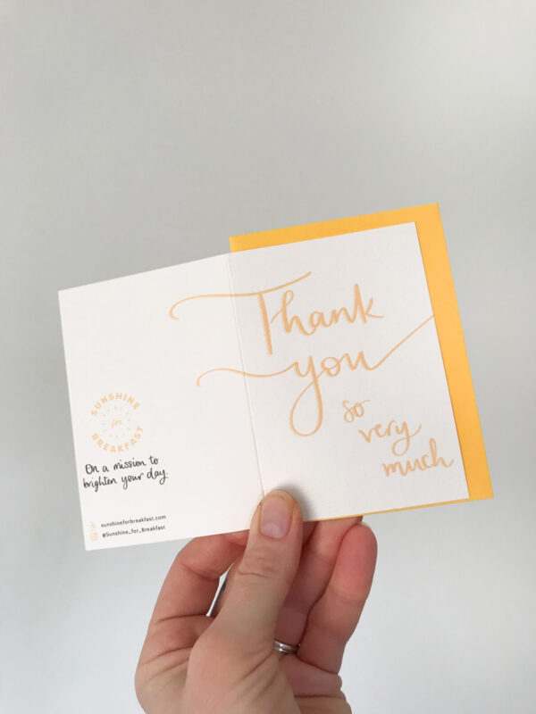 thank you so much mini notecard, in white with golden yellow text
