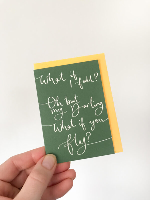 what if you fly mini notecard, in dark green with white text