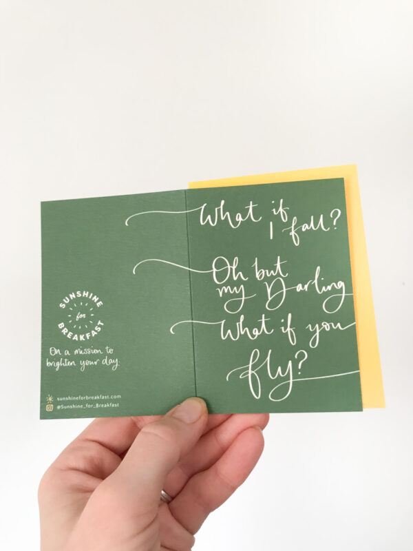 what if you fly mini notecard, held displaying the detail of hand lettered text that flows from the front to back of the card
