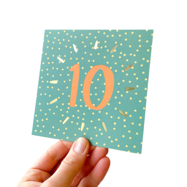 10th birthday card in green and orange spotty design