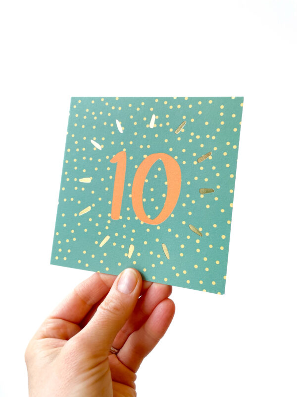 10th birthday card in green and orange spotty design