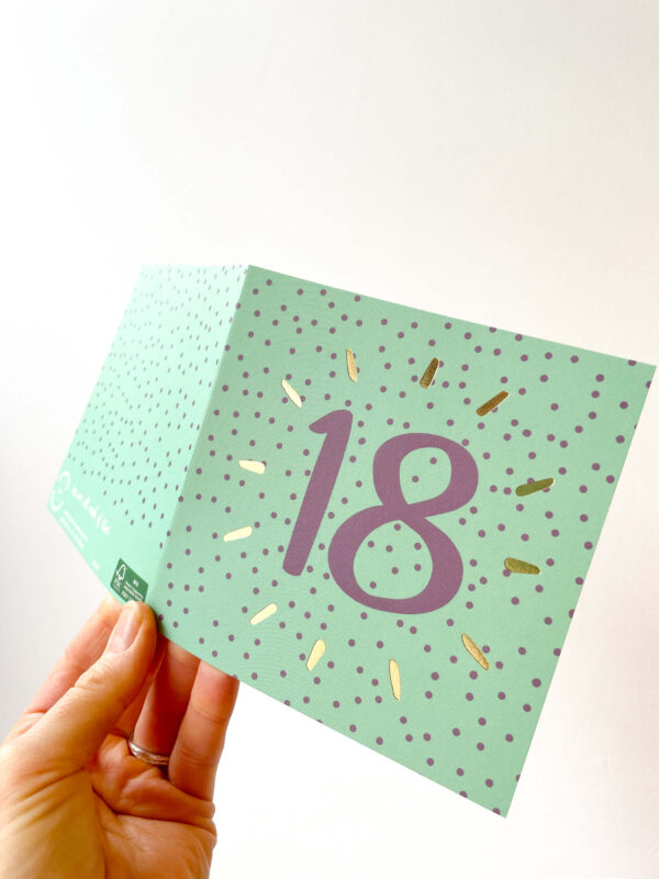 18th birthday card - green and purple spotty design