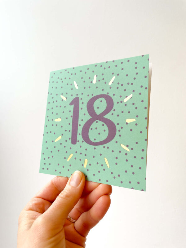 18th birthday card - green and purple spotty design