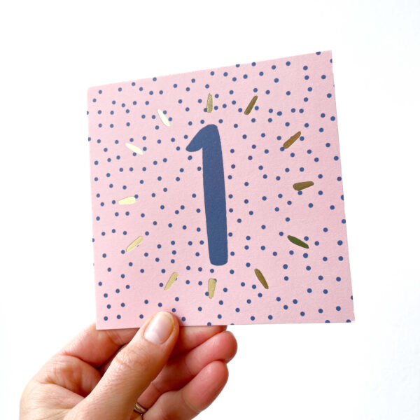 1st birthday card - pink and blue spotty design