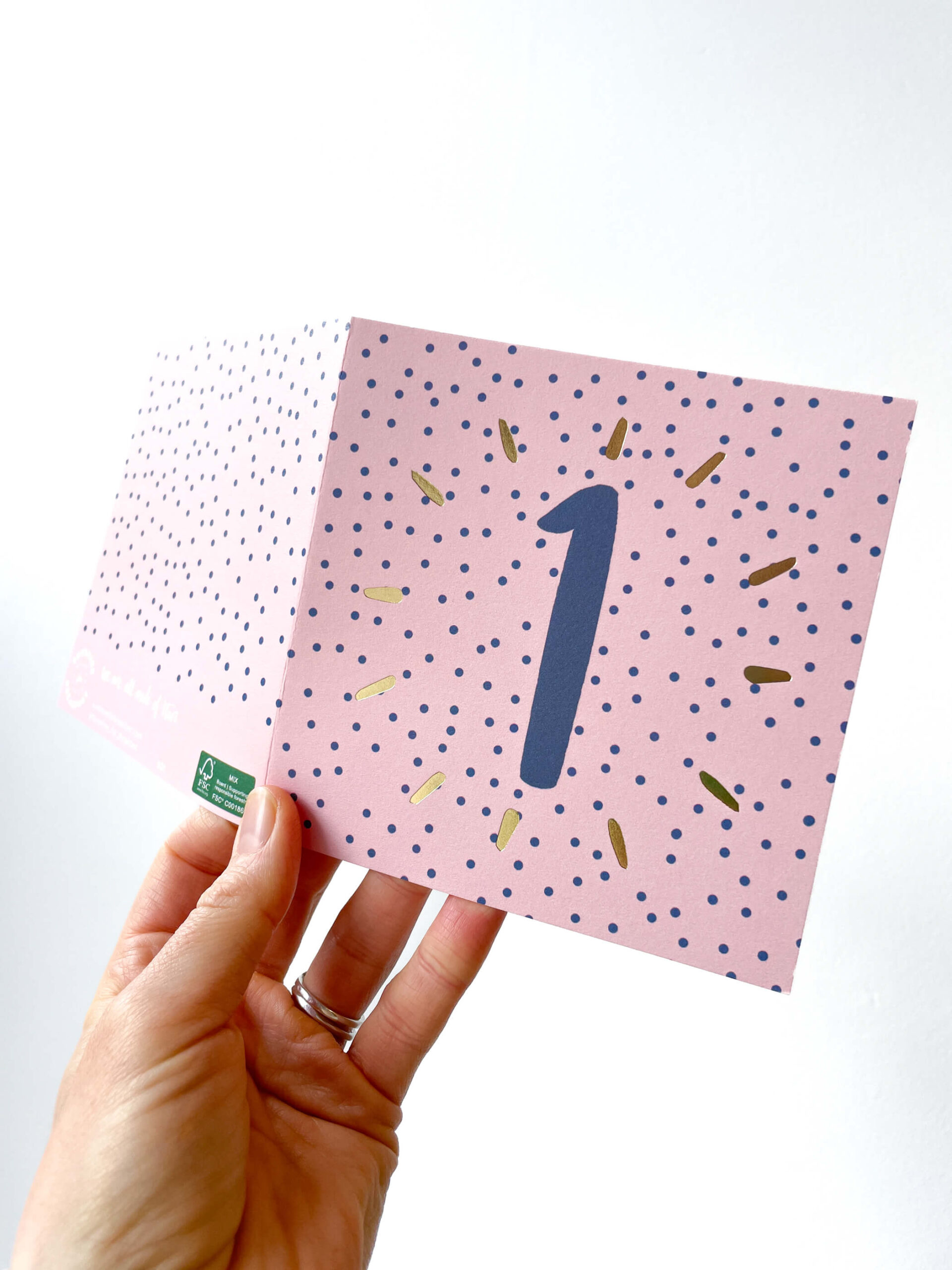 1st birthday card - pink and blue spotty design