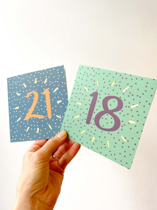 21st and 18th birthday cards - colourful spotty designs