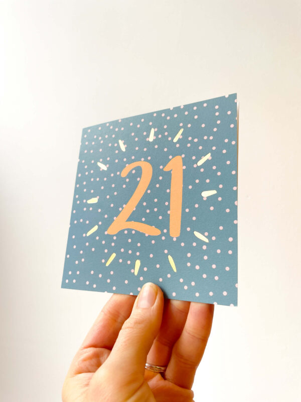 21st birthday card in blue and yellow spotty design