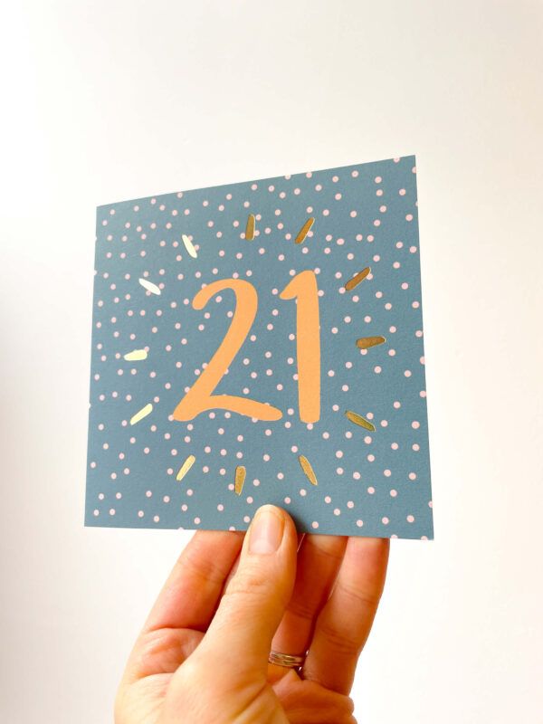 21st birthday card in blue and yellow spotty design