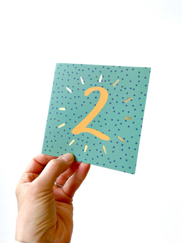 2nd birthday card - green and blue spotty design