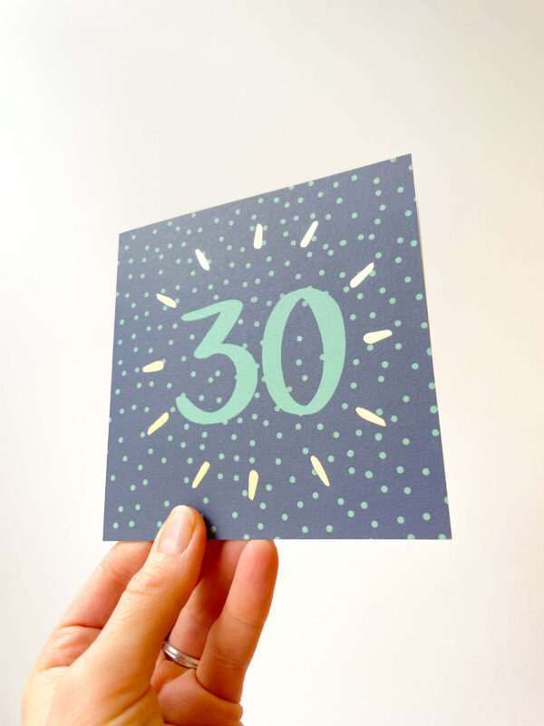 30th birthday card in blue spotty design
