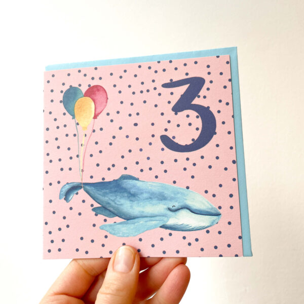 colourful 3rd birthday card featuring a whale and 3 balloons