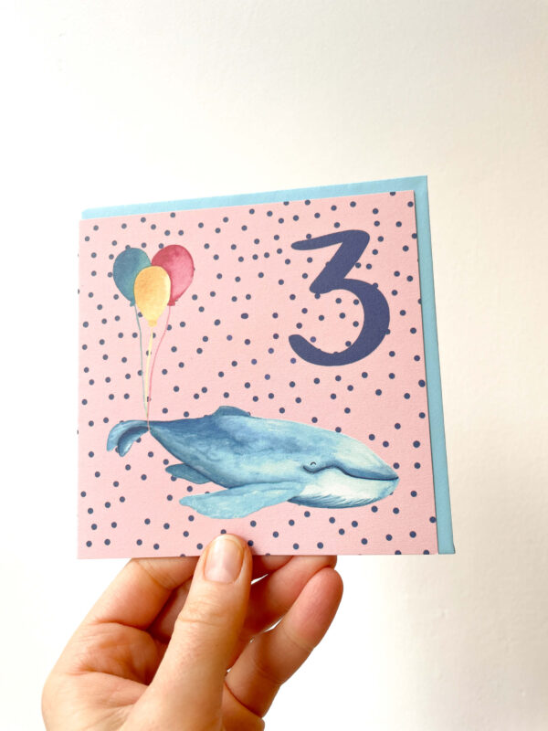 colourful 3rd birthday card featuring a whale and 3 balloons