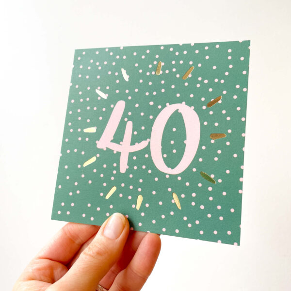 40th birthday card in green and pink spotty design
