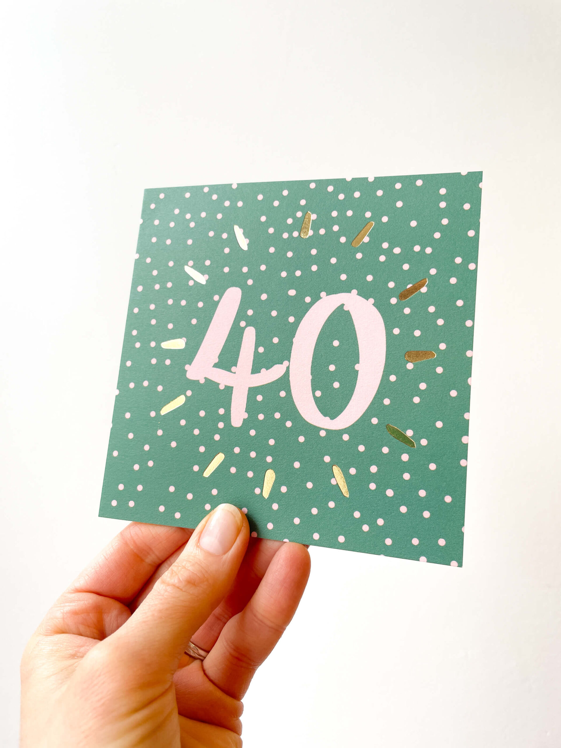 40th birthday card in green and pink spotty design