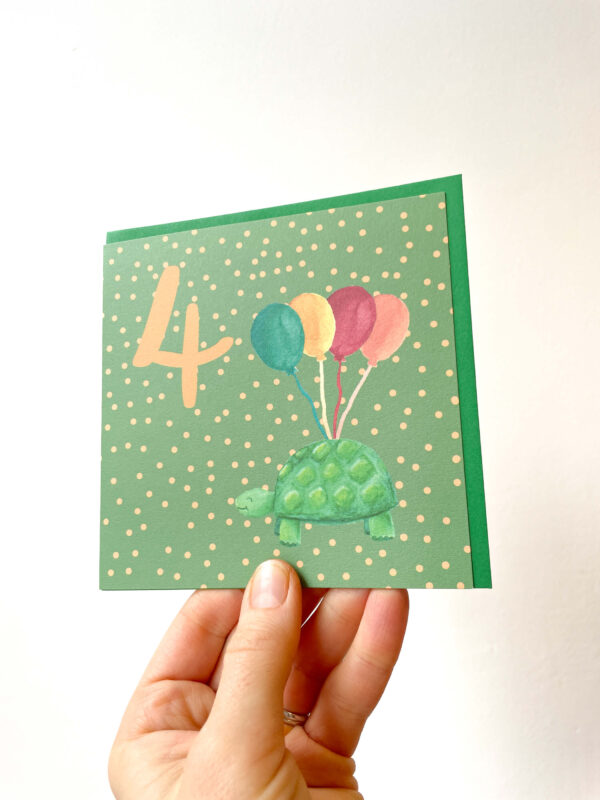 colourful 4th birthday card featuring a turtle and 4 balloons