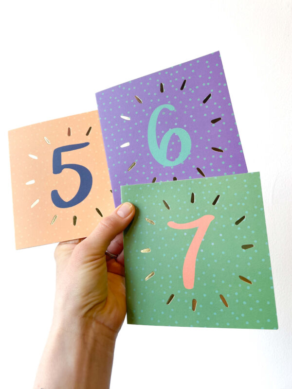 age birthday cards - 5th, 6th and 7th birthday cards in colourful spotty designs