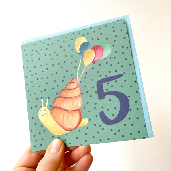 colourful 5th birthday card featuring a snail and 5 balloons