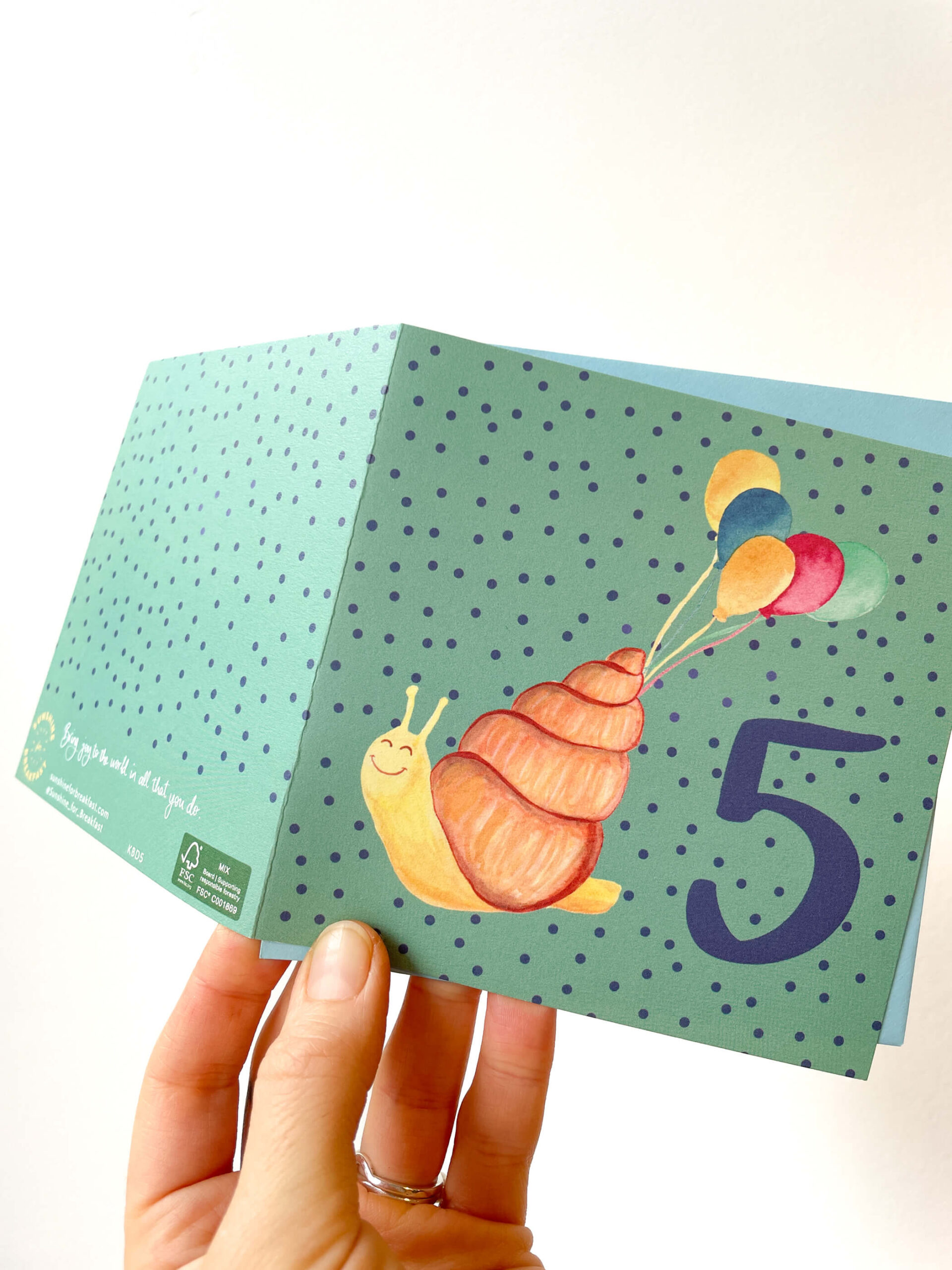 colourful 5th birthday card featuring a snail and 5 balloons