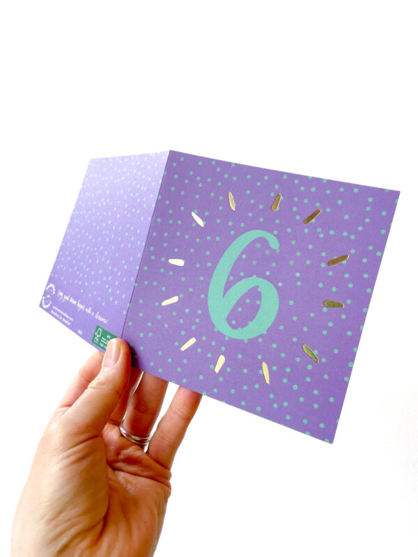 6th birthday card in purple and orange spotty design