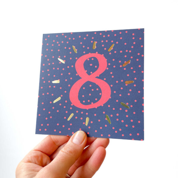 8th birthday card in blue and red spotty design