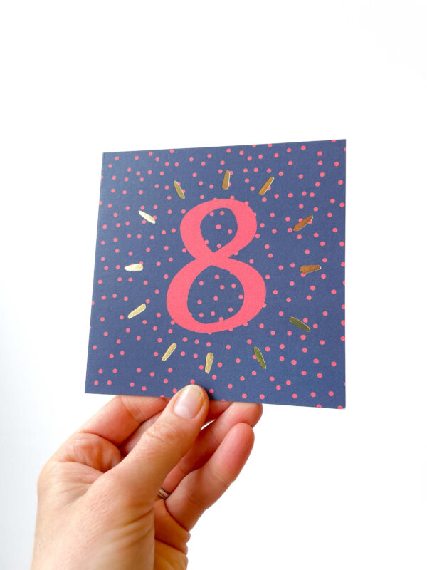 8th birthday card in blue and red spotty design