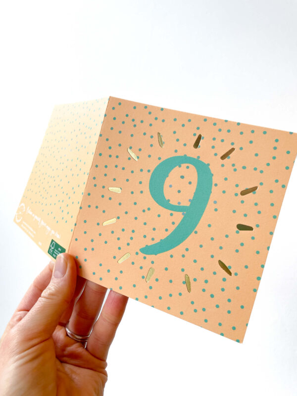 9th birthday card in yellow and green spotty design