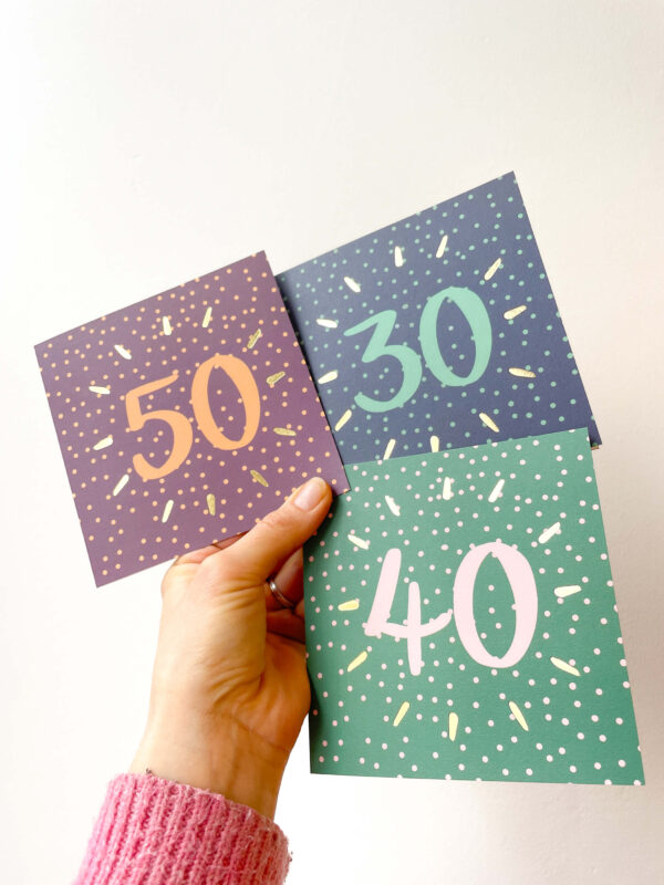 age birthday cards - 30th, 40th and 50th birthday cards in colourful spotty designs
